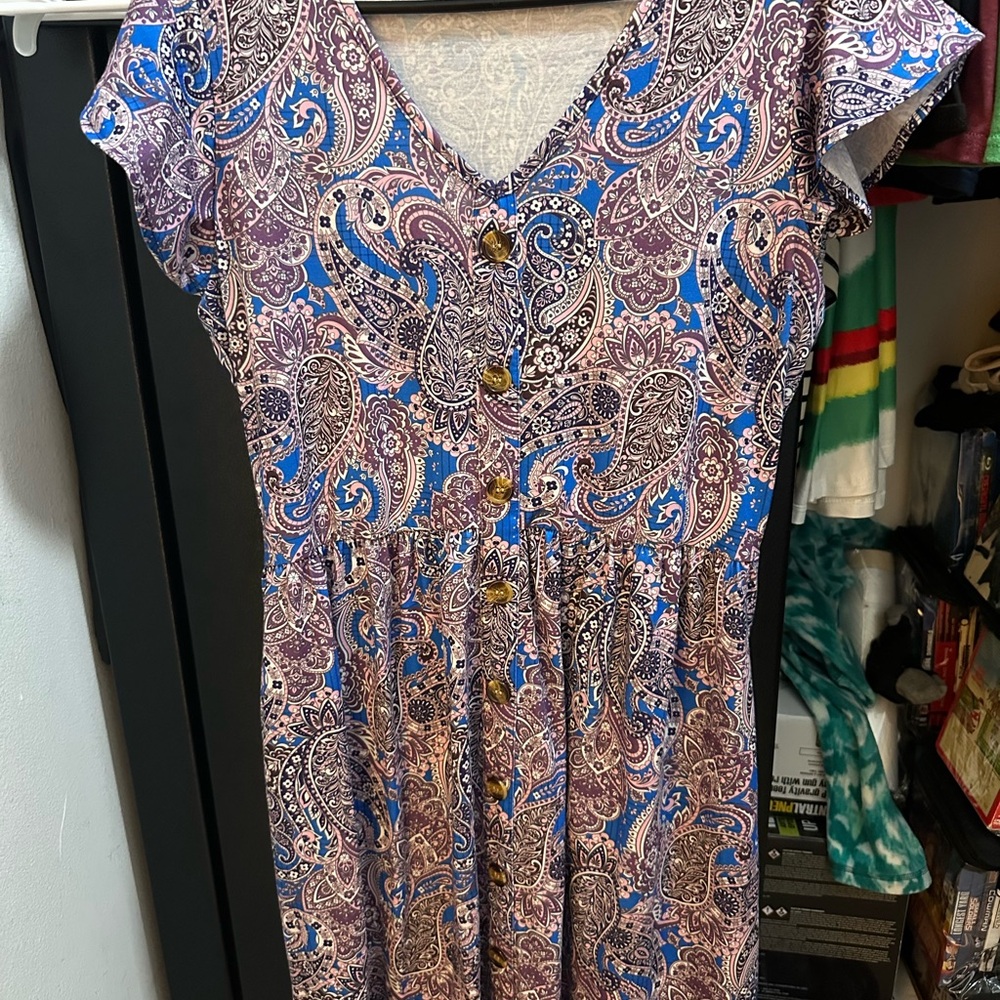 Pink and Blue Flutter Sleeve V-Neck Sundress